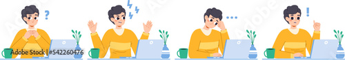 Boy work at computer, problem solution concept. Teenager thoughtful has a doubt and find answer on question. Snugly student different emotions vector character