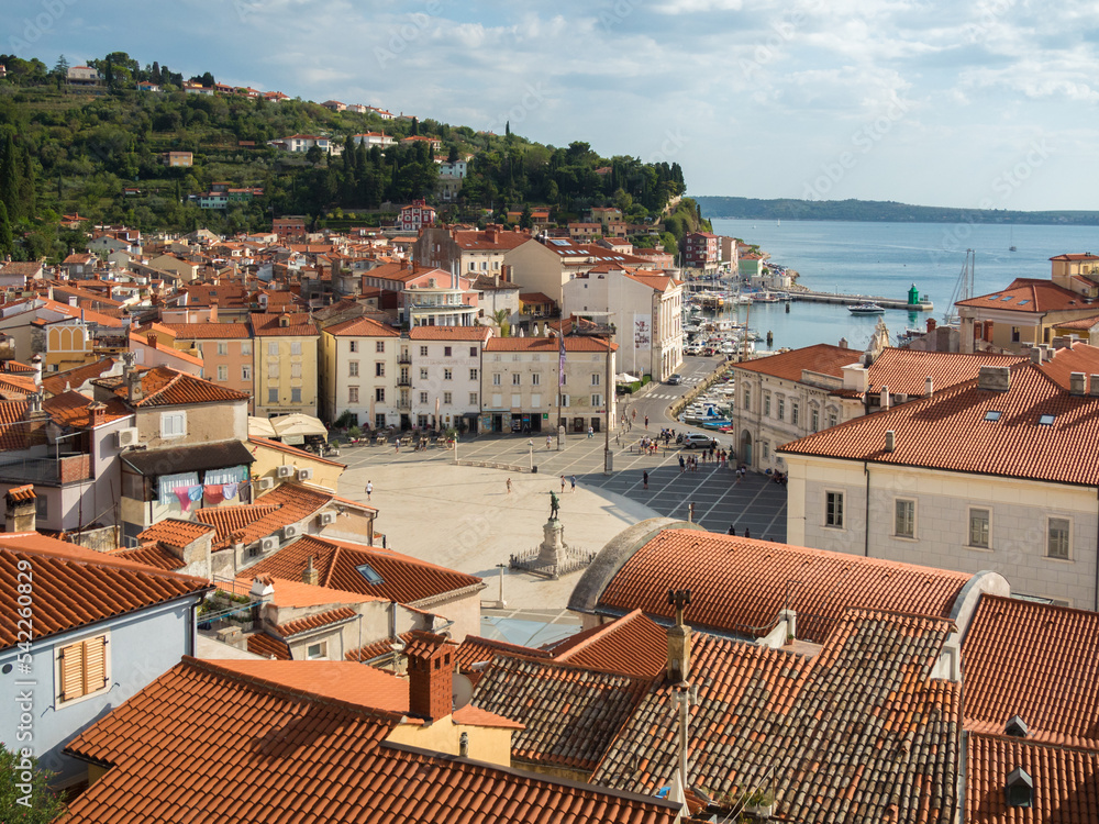 View of Piran and Tartini Square from Saint George Church tower, Slovenia