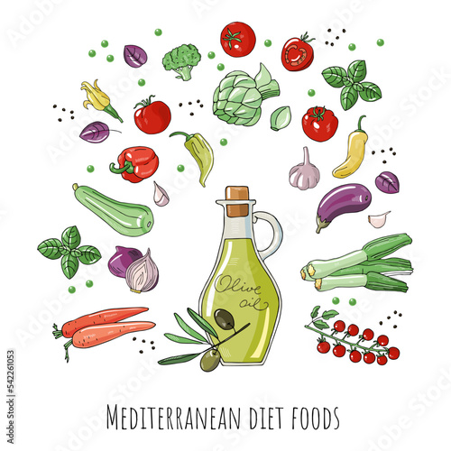 Mediterranean diet foods olive oil bottle and vegetables isolated on white background