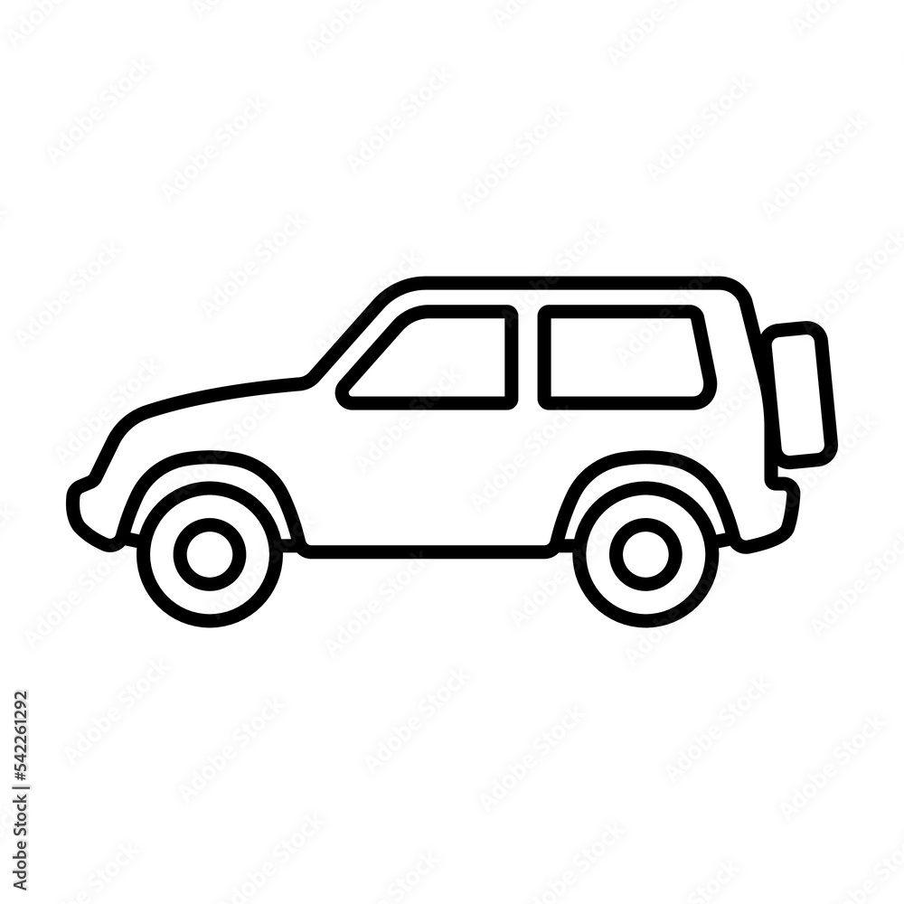 SUV icon. Off-road car. Black contour linear silhouette. Side view. Editable strokes. Vector simple flat graphic illustration. Isolated object on a white background. Isolate.