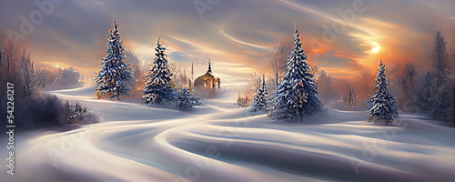 Leinwand Poster Märchenhafte Winterlandschaft Hintergrundbild mit Schnee und Bäume in einer epis