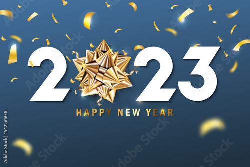 Happy New 2023 Year. Holiday vector illustration of golden metallic numbers 2022 and sparkling glitters pattern