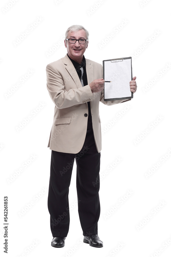 in full growth. Mature intelligent man with a clipboard. in full growth. Mature intelligent man with a clipboard.