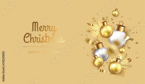 Falling shiny golden confetti and gold christmas balls, gold christmas elements