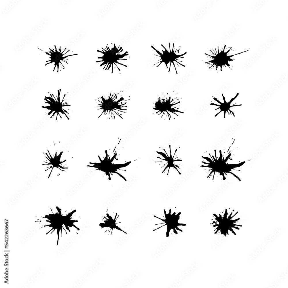Set of black ink splashes and drops. Different hand drawn spray design elements. Boobs and patterns. Isolated vector illustration Set of black ink splashes and drops. Different hand drawn spray design elements. Boobs and patterns. Isolated vector illustration