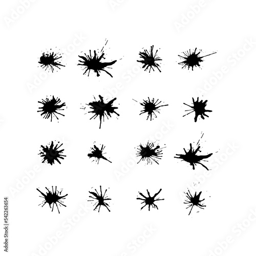 Set of black ink splashes and drops. Different hand drawn spray design elements. Boobs and patterns. Isolated vector illustration