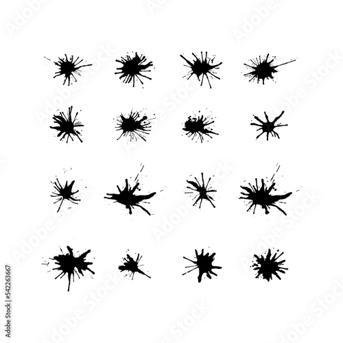 Set of black ink splashes and drops. Different hand drawn spray design elements. Boobs and patterns. Isolated vector illustration