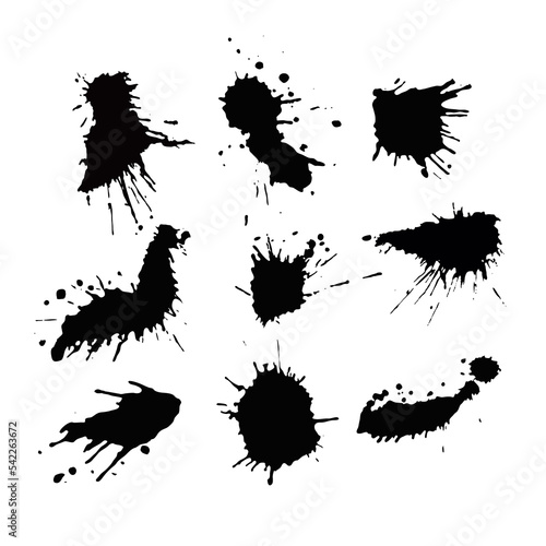 Set of black ink splashes and drops. Different hand drawn spray design elements. Boobs and patterns. Isolated vector illustration