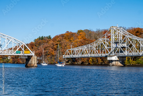 The East Haddam Swing Bridge over the Connecticut River opens to let boat traffic pass through. The bridge was built in 1913 to connect the towns of Haddam and East Haddam, Connecticut over Rt. 82. 