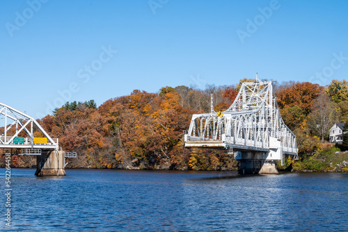 The East Haddam Swing Bridge over the Connecticut River opens to let boat traffic pass through. The bridge was built in 1913 to connect the towns of Haddam and East Haddam, Connecticut over Rt. 82. 