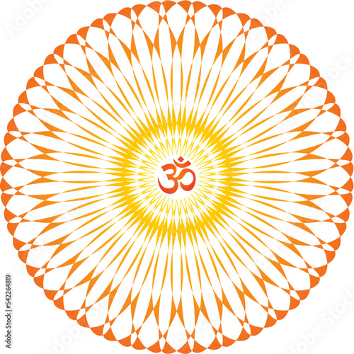 Openwork yellow-orange elegant mandala on a white background. The sign aum, om, ohm in the center. Yellow, orange colors. Vector graphics.