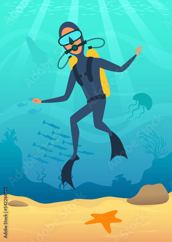 Diving. male character with scuba underwater swimming and exploring ocean. vector background