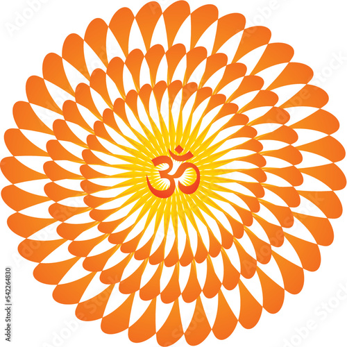 Openwork elegant mandala on a mandala background with aum, om, ohm sign in center. Yellow, orange and blue colors. Vector graphics.