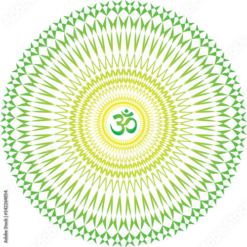 Openwork elegant mandala in green and yellow colors on a white background. The sign aum, om, ohm in the center is green. Vector graphics.