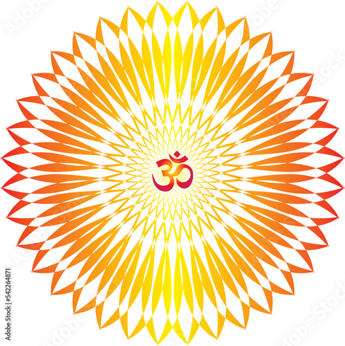 Openwork yellow-orange elegant mandala on a white background. The sign aum, om, ohm in the center. Yellow, orange colors. Vector graphics.