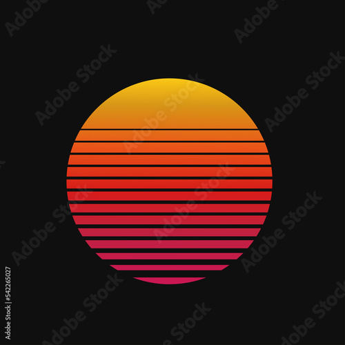 Retro sun in 80`s style. Retrowave, synthwave futuristic background with sunset. Trendy design for sci-fi, cyber abstract poster, print. Vector illustration © StudioGraphic