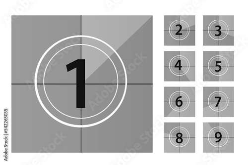 A set of film countdown vectors. Countdown to the beginning of the old movie. A cinema countdown timer isolated from the background. Vector illustration