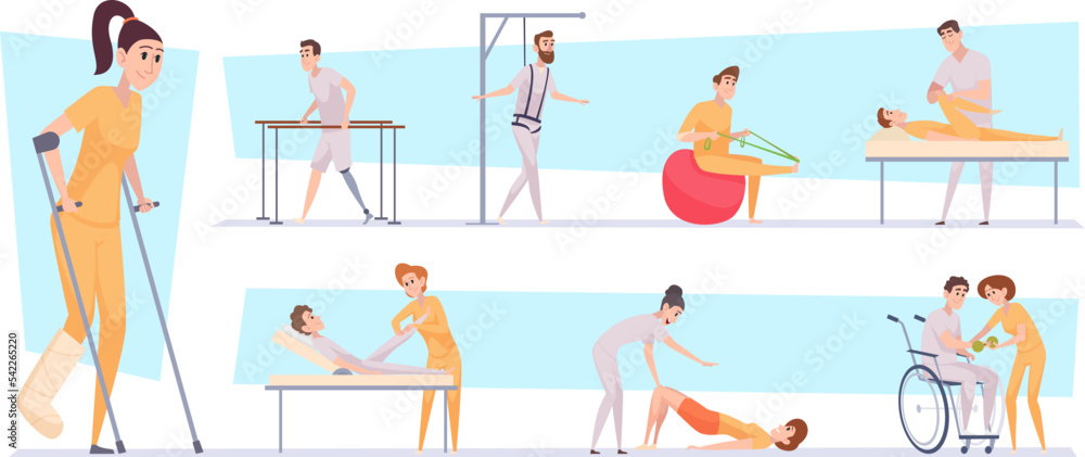 Rehabilitation. Disabled people medical treatment and physiotherapy exact vector illustration in cartoon style