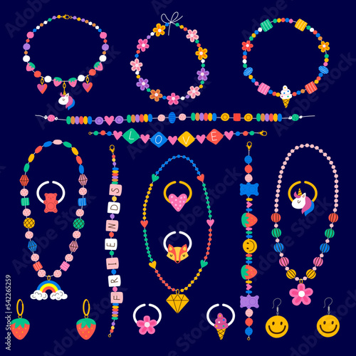 Kids jewelry. Plastic beads decorating handmade fashioned elements 90s style jewelry accessory recent vector cartoon templates