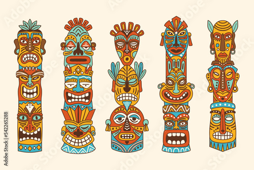 Native tribal masks. Indian totems tiki hawaii masks recent vector authentic mythology symbols