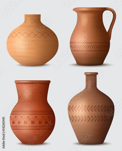 Clay kitchenware. Realistic handmade utensils pots kettles and cups decent vector templates of clay authentic products