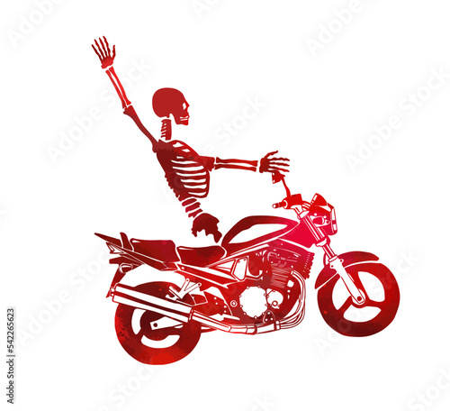 The red skeleton rides a motorcycle. Happy Halloween. Vector illustration