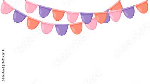 Celebration flag garland bunting. Pink, violet, orange pennants chain. Party flags decoration for wedding, birthday, baby shower, bridal shower, Christmas. Vector in cartoon style