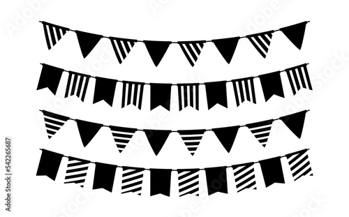 Black bunting silhouette set. Holiday flag garland collection. Black pennants chains. Flags decoration for party and celebration. Vector