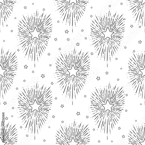Seamless hand drawn pattern with night sky with stars. Nature ornament. Repet...