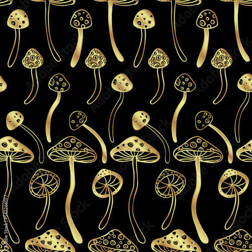 Magic mushrooms golden seamless pattern. Psychedelic hallucination. 60s hippi...
