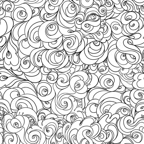 Vector seamless hand-drawn pattern with waves and clouds. Stylish illustratio...