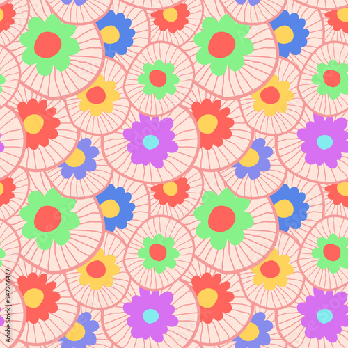 Seamless color flower background. Colored abstract hand drawn flowers illustration.