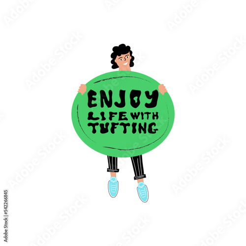 Illustration and lettering of hand drawn about tufting.Unique vector design elements girl with tufting gun and rug.