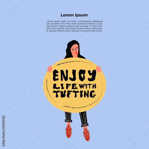 Game flat vector banner template. Competition, contest announcing poster design idea cartoon character. Illustration of hand drawn lettering about tufting.Unique vector design elements boy with tuftin