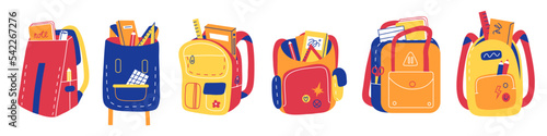 Color backpacks with school elements. Bright students stationery, children materials, textbooks, notebooks and rulers, pupils rucksacks with accessories swanky vector cartoon flat set