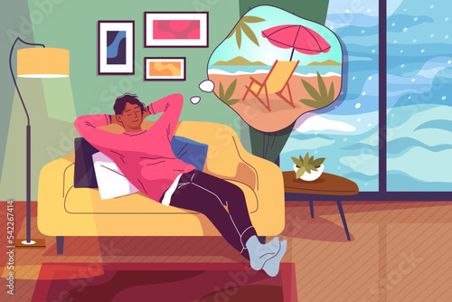 Dreaming character. Guy in living room interior, thinking about summer beach vacation, winter snow weather outside window, character with thought bubble tidy vector cartoon flat concept