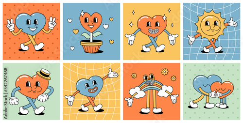 A set of retro characters from comics. Cartoon vintage hearts with legs and arms, rainbow, sun.
