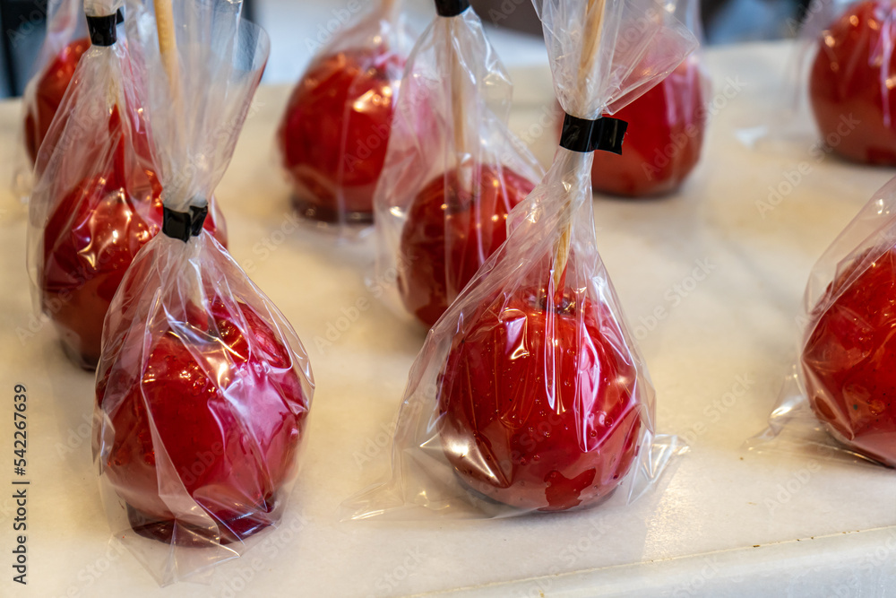Caramel apples in dessert shop "Sabores de Antano" in Mijas, Spain on