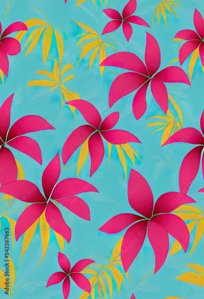 2d illustrated seamless pattern Exotic wallpaper of tropical flowers green leaves of palm trees and flowers bird of paradis hibiscus artwork for fabrics souvenirs packaging greeting cards