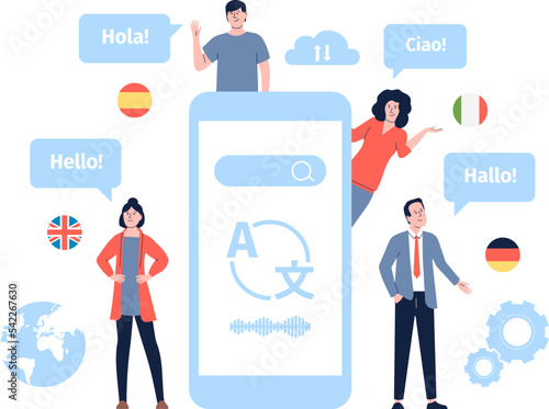 Foreign languages greetings, multilingualism and mobile translation. Student global multilingual chatting, international team or school recent vector scene