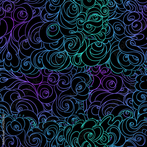 Vector seamless hand-drawn pattern with waves and clouds. Stylish illustratio...