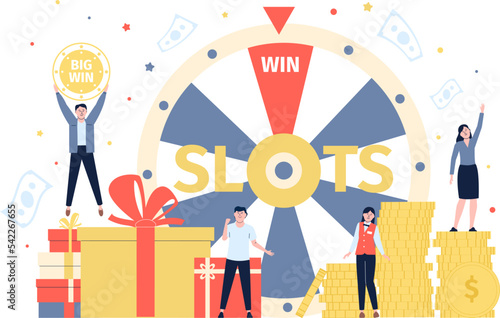 Fortune wheel and happy people. Woman win prize on gambling show. Sale promotion lottery, store performance. Fortune lucky characters recent vector scene