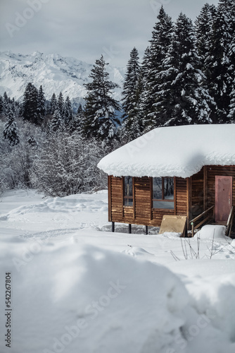 wooden hut in the mountains in winter
