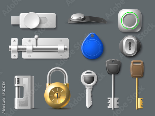 Realistic keys and locks. 3d isolated metal door locks, latches for doors and cupboard, padlocks and keyholes, open and close, security privacy objects, electronic button. Utter vector set