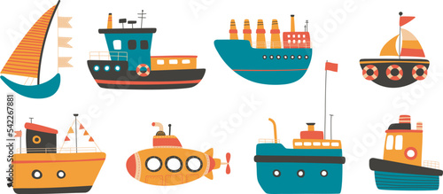 Doodle ship and boat kid clipart. Hand drawn ships, isolated sailboat and sea transport. Cute artworks for shirt prints. Kids style marine classy elements