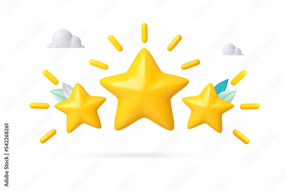 Obraz premium 3d three stars gold quality rating. stars of golden yellow glossy color. customer achievement and feedback. realistic 3d high client rating about work. vector illustration render 