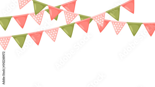 Celebration flag garland bunting. Pink and green pennants chain. Party flags decoration for wedding, birthday, baby shower, bridal shower. Footer or banner background