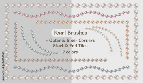 Set of pattern brushes with string of pearl beads. Chain brushes with corners, end and start tiles. Pastel colors. Isolated on light backgrounds.