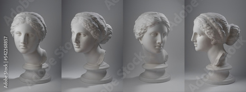 A copy of the plaster ancient Greek bust of Aphrodite on a light gray background