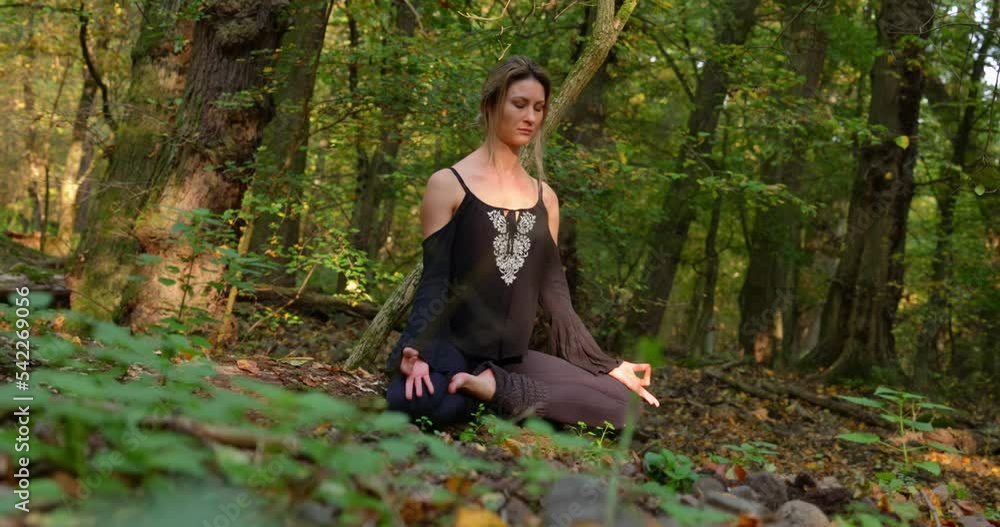 Woman meditating in the forest closeup Woman meditating in the forest closeup
